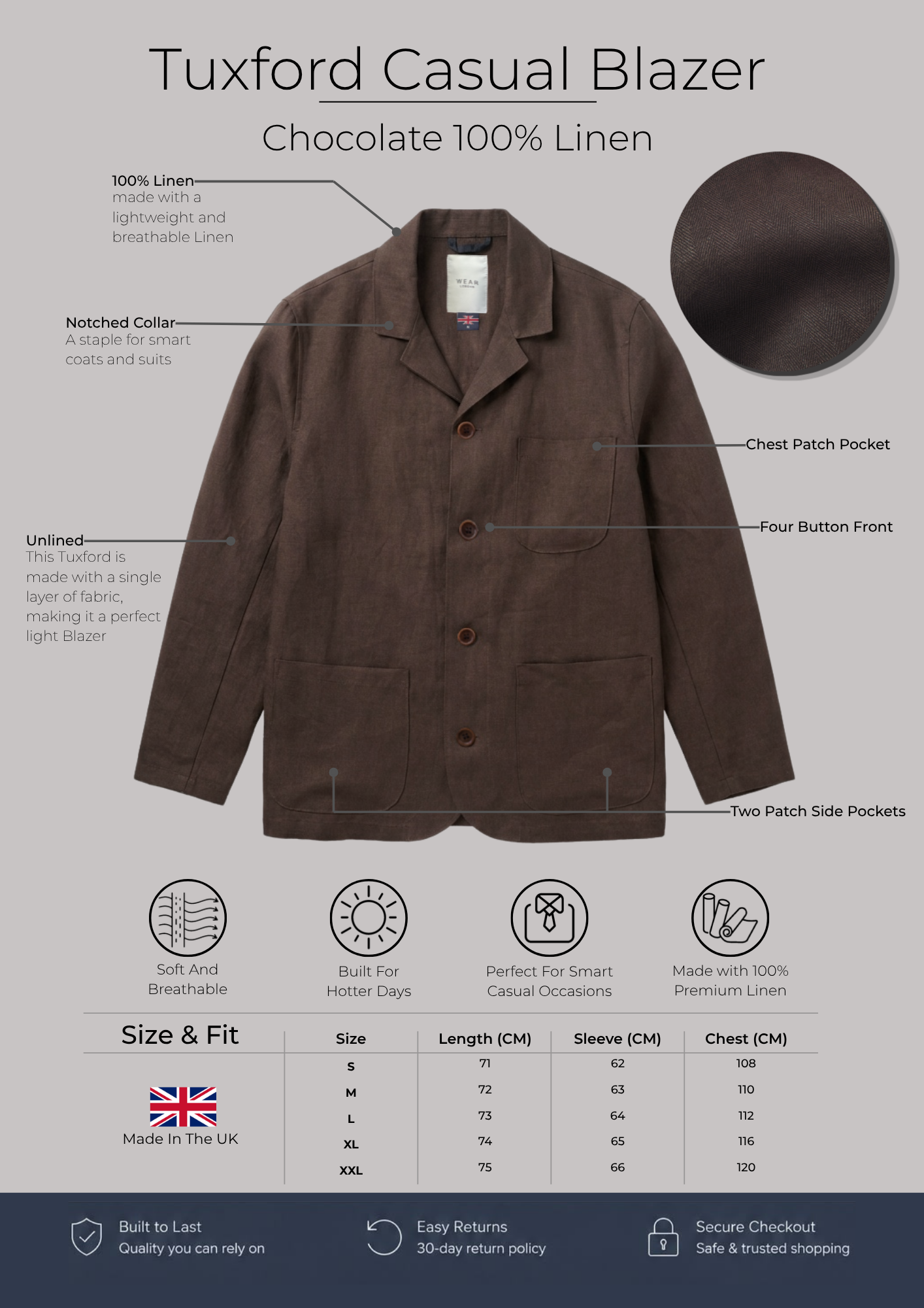 Tuxford Casual Blazer - Chocolate 100% Linen - Wear London