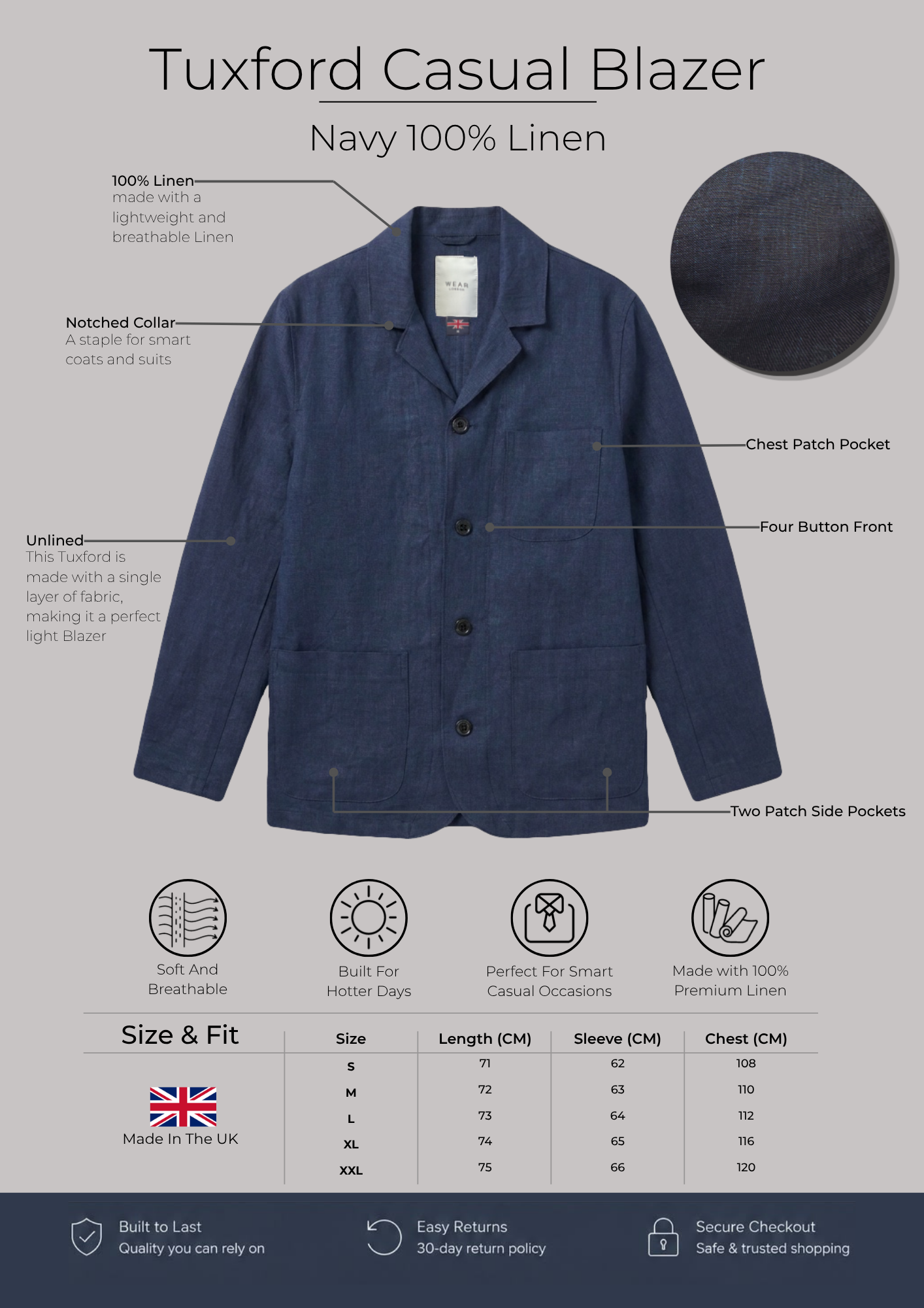 Tuxford Casual Blazer - Navy 100% Linen - Wear London