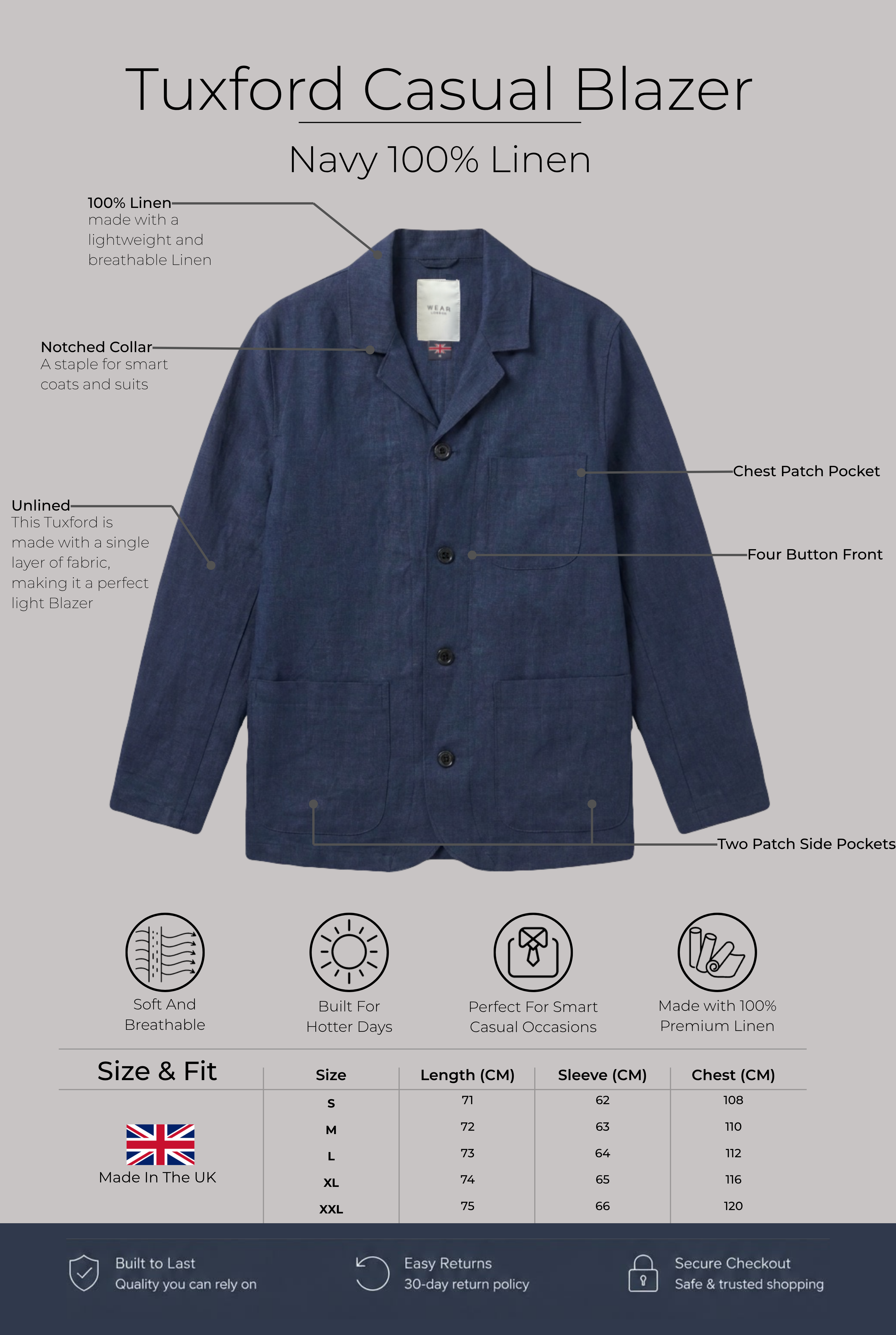 Tuxford Casual Blazer - Navy 100% Linen - Wear London