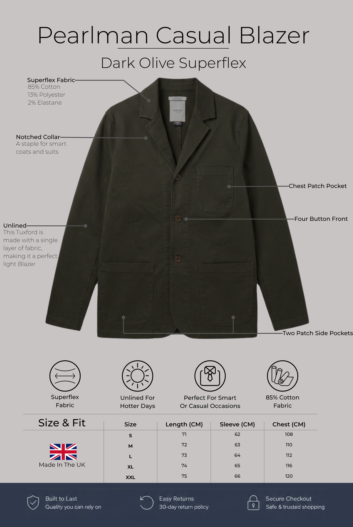 The Pearlman Casual Blazer - Dark Olive Superflex - Wear London