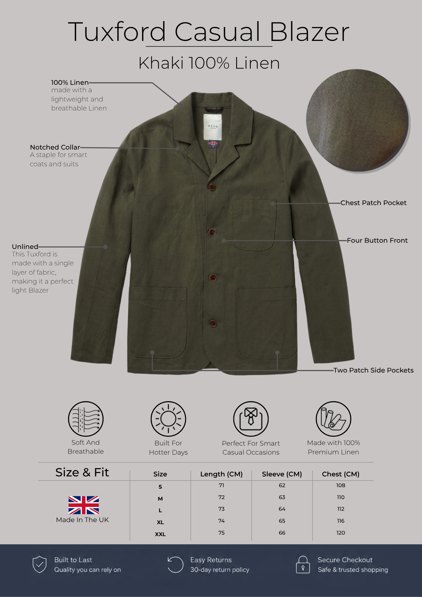Tuxford Casual Blazer - khaki 100% Linen - Wear London