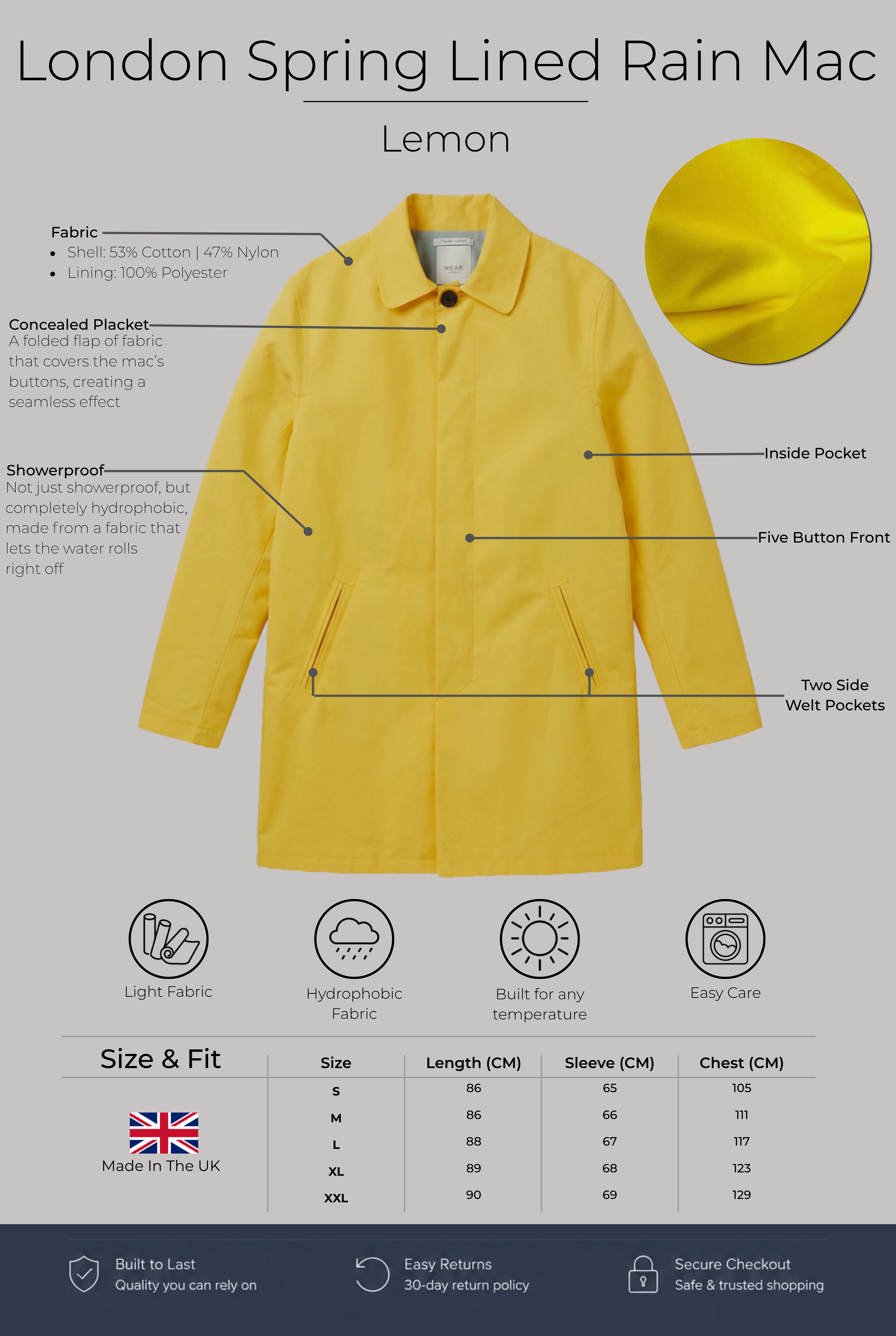 London Spring Lined Rain Mac - Lemon - Wear London