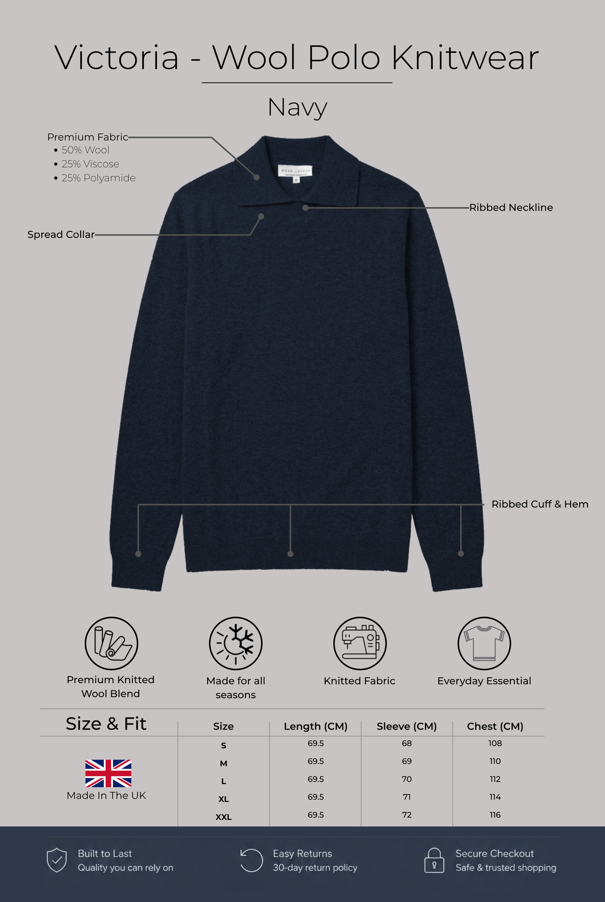 Victoria - Wool Polo Knitwear - Navy - Wear London