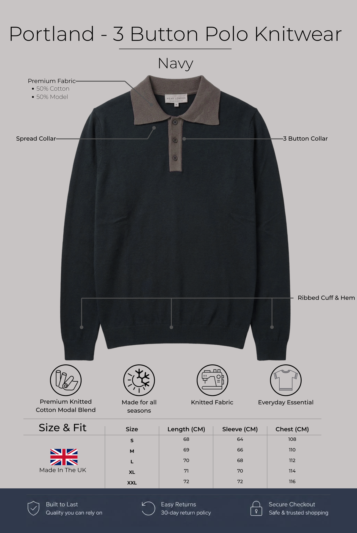 Portland - 3 Button Polo Knitwear - Navy - Wear London