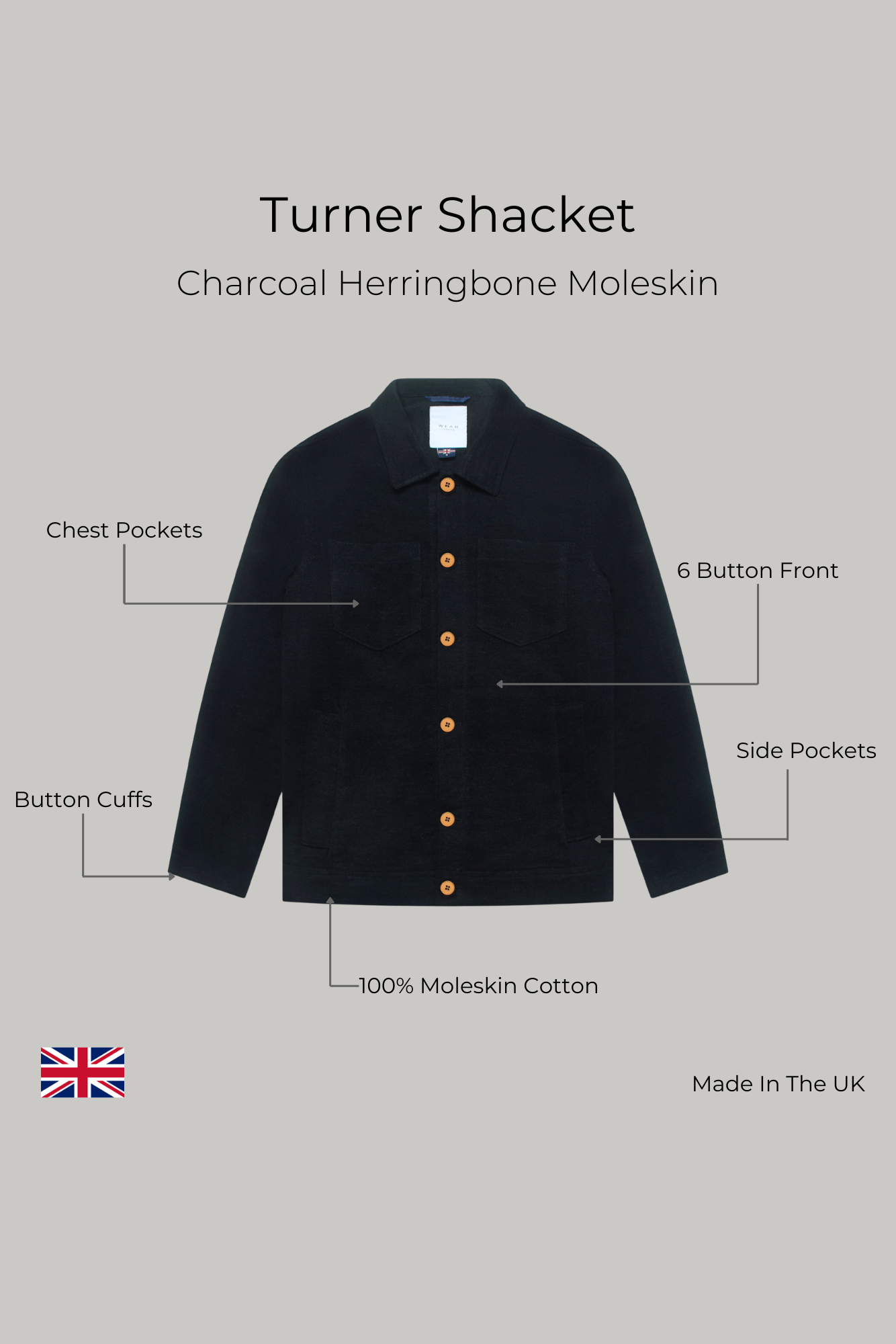 Turner Shacket - Charcoal Herringbone Moleskin - Wear London